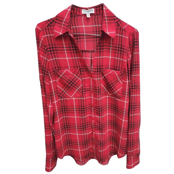 Express Womens Portofino Shirt Small Red Plaid Button Up Slim Fit Long Sleeve - Picture 1 of 7